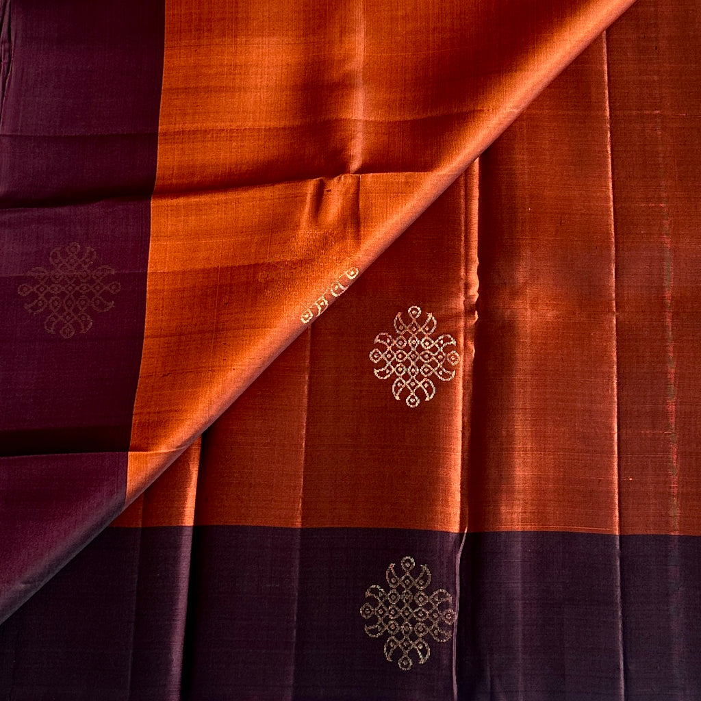 Burnt Orange Designer Pure Silk Saree With Deep Wine Pallu