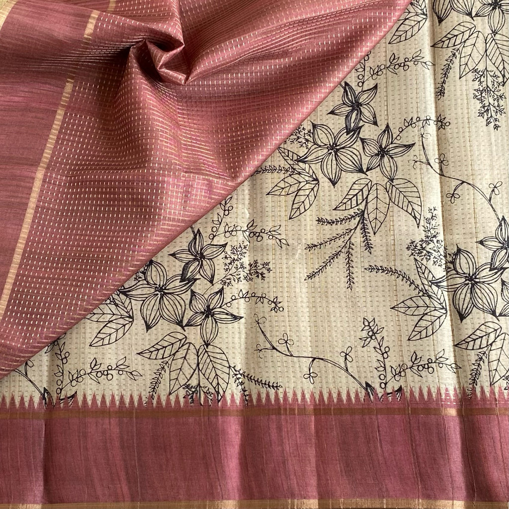 Antique Beige Soft Tussar Silk Saree With Dusty Mauve Pallu