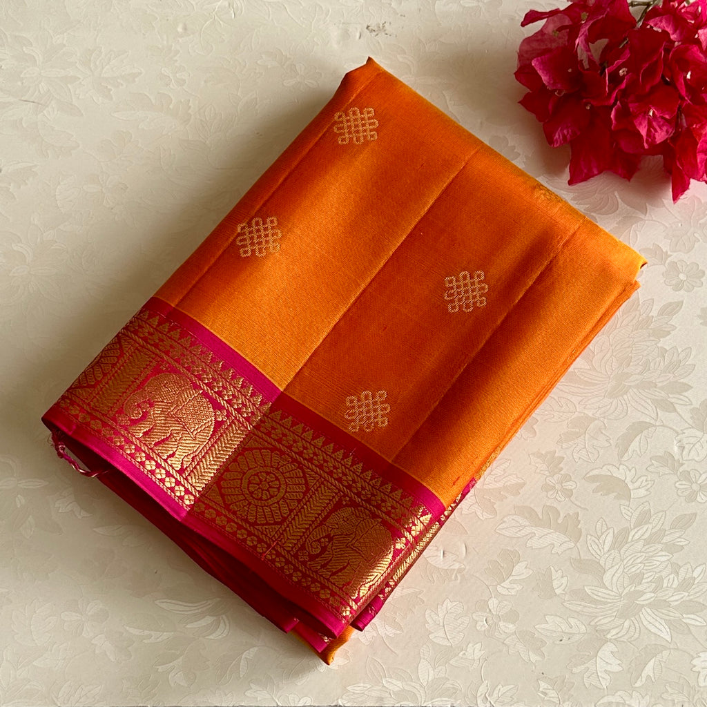 Sunset Orange Designer Pure Silk Kollam Zari Weave & Rani Pink Contrast