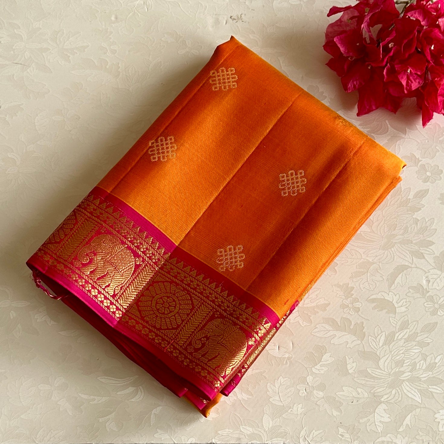 Sunset Orange Designer Pure Silk Kollam Zari Weave & Rani Pink Contrast
