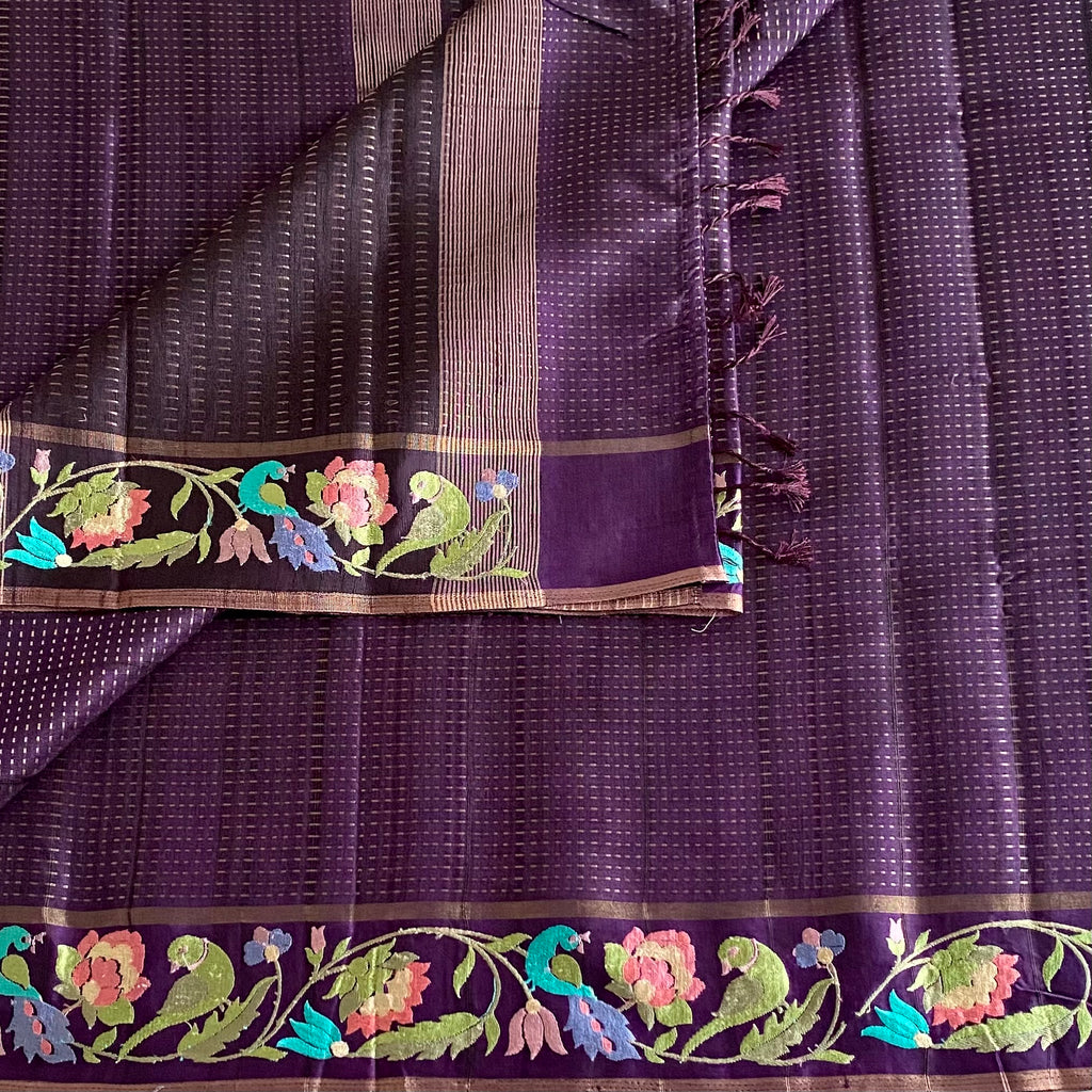 Plum Purple Tussar Silk With Designer Floral Embroidered Borders & Pallu