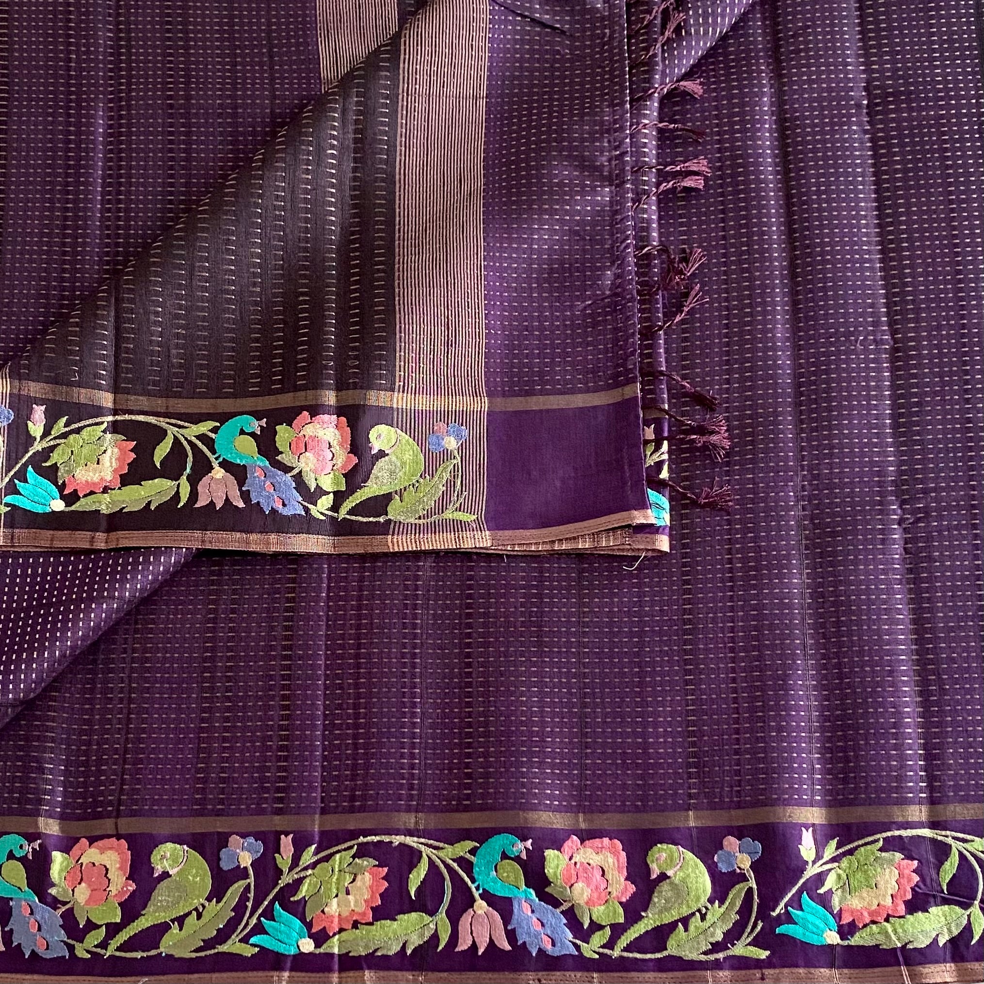 Plum Purple Tussar Silk With Designer Floral Embroidered Borders & Pallu