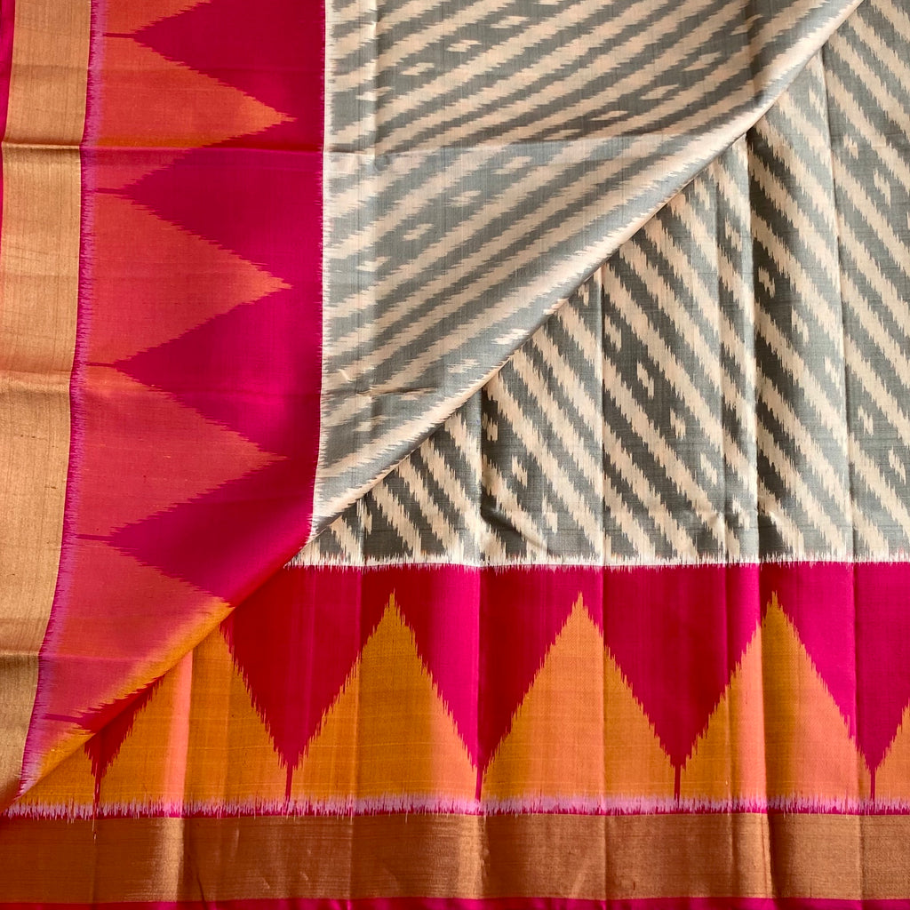 Ikkat Stunner in Pure Silk in Shades of Grey & Rani Pink