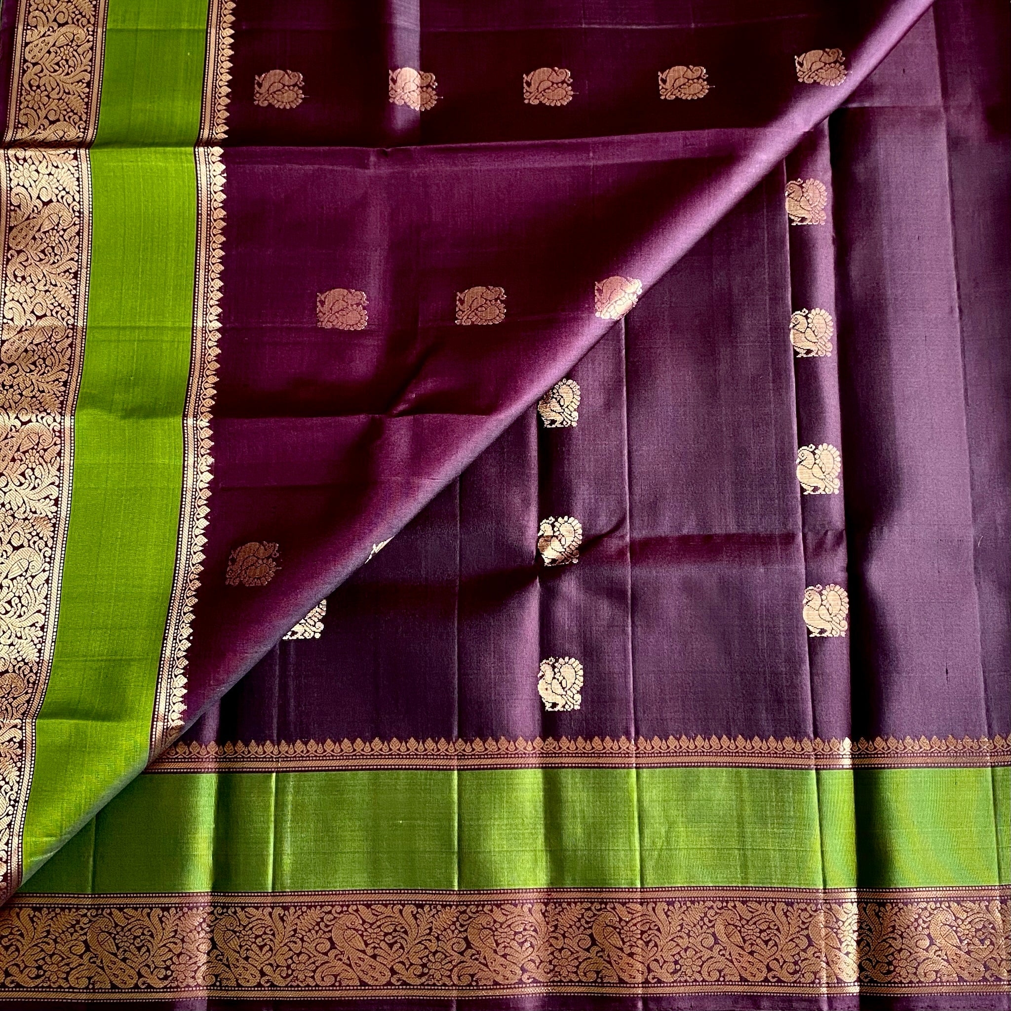 Plum mix Brown Designer Pure Silk Saree With Olive Green Pallu