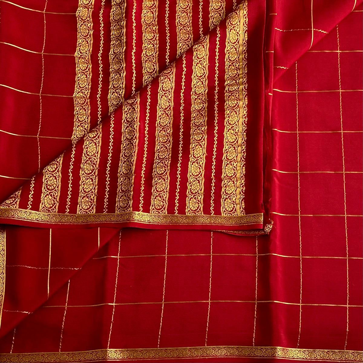Maroonish Crimson Red Mysore Crepe Silk Saree With Gold Striped Pallu