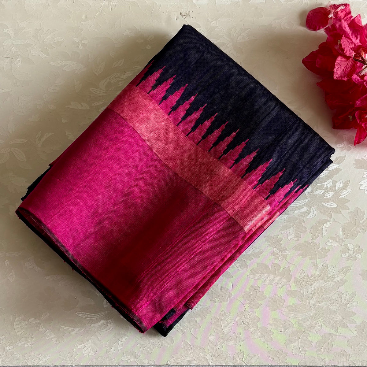 Navy Blue With Rani Pink Handwoven Pure Raw Silk