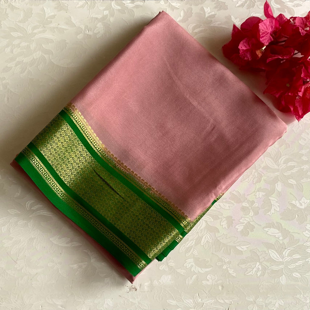 Vintage Dusty Rose with Leafy Green Designer Pure Mysore Crepe Silk