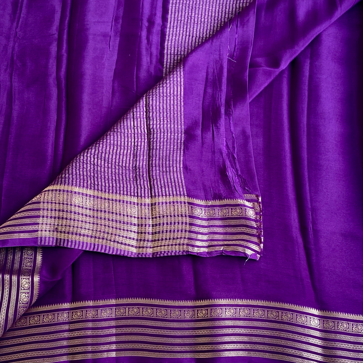 Royal Purple Soft Crepe Silk Saree With Antique Gold Border