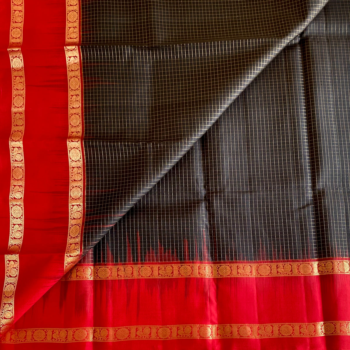 Jet Black Designer Pure Silk Saree With Crimson Red Pallu