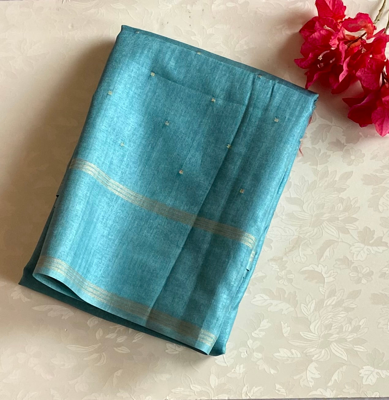 Elegant Powder Blur Soft Premium Tussar With Tiny Zari Woven Buttas