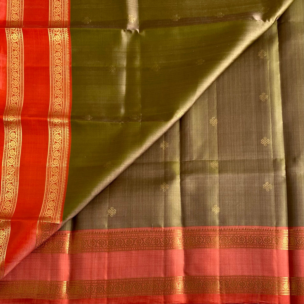 Rare Chestnut Greenish Designer Pure Silk Saree With Coral Orange Pallur