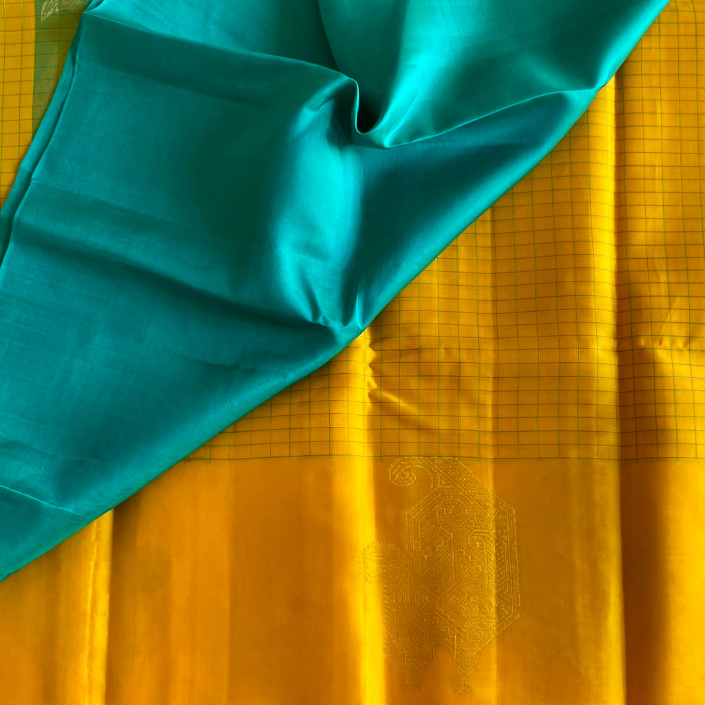 Sunflower Yellow Designer Pure Silk Saree With Teal Pallu And Gold Paisley