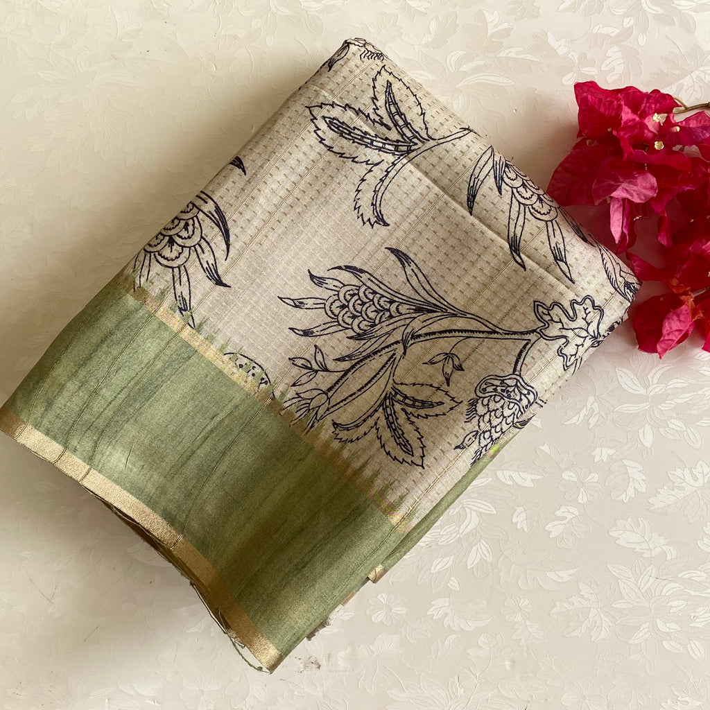 Classic Tussar Beige With Pastel Olive With Designer Zari weave