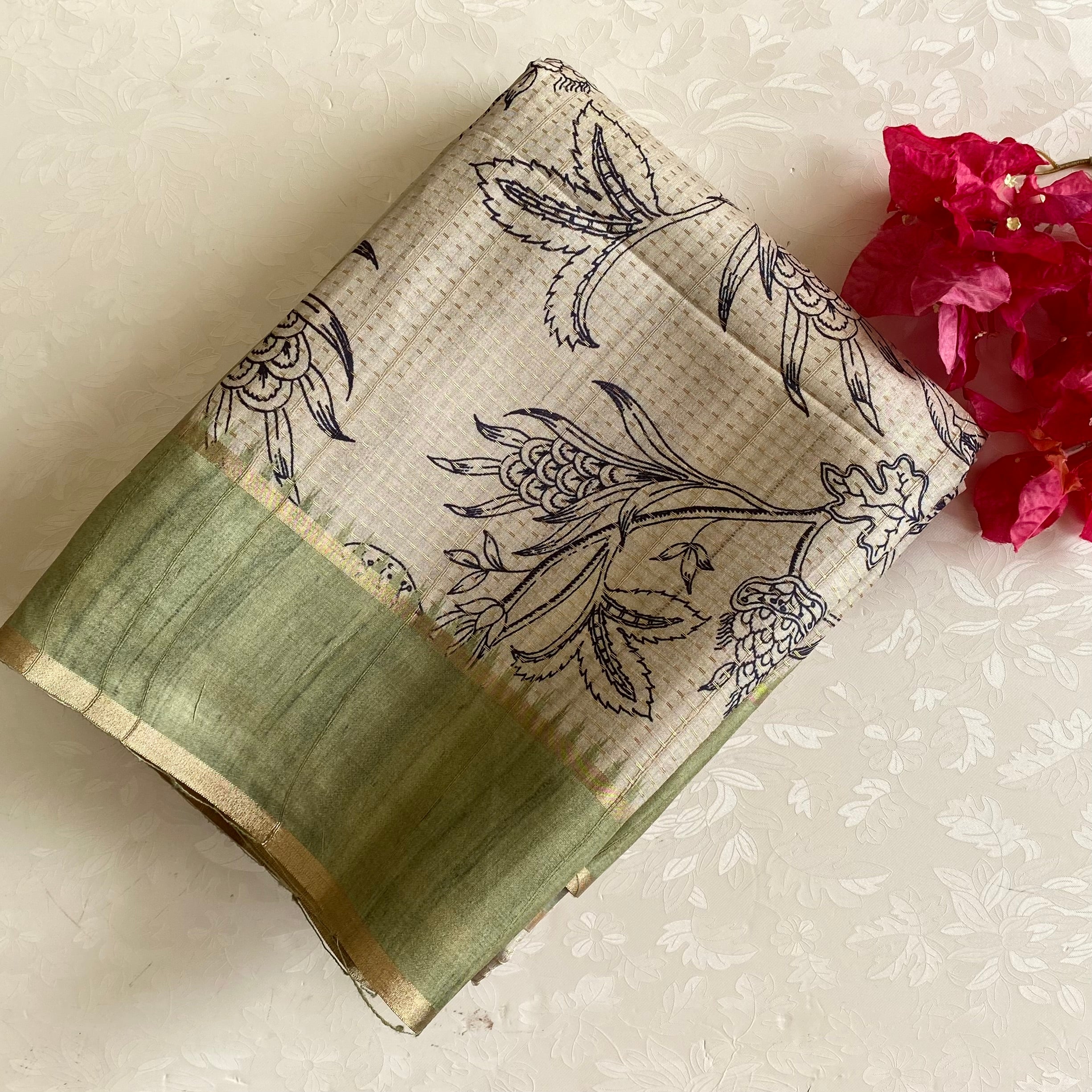 Classic Tussar Beige With Pastel Olive With Designer Zari weave