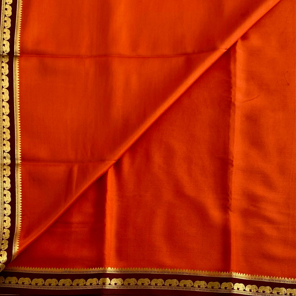 Classic Rust Orange Mysore Crepe Silk Saree With Wine Contrast