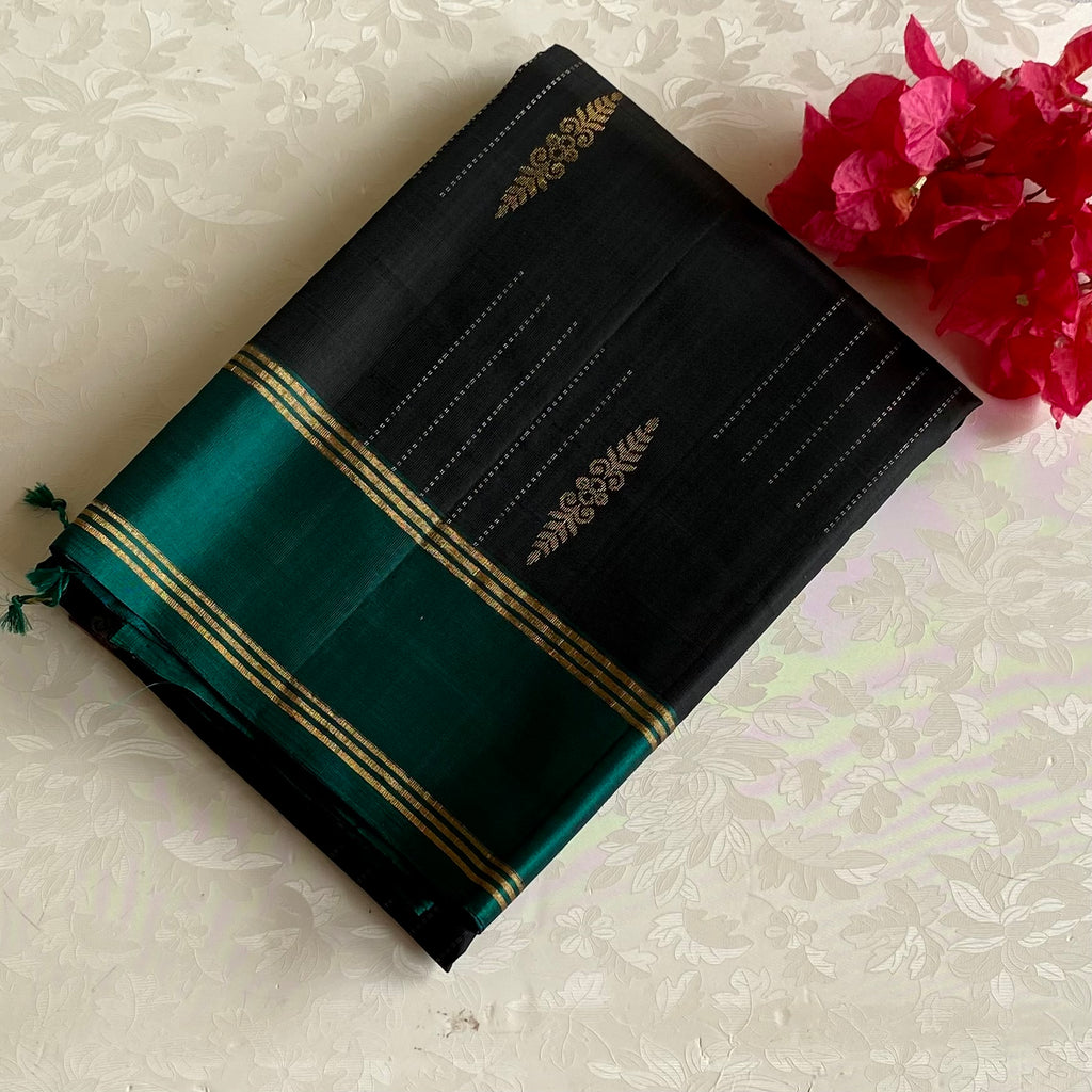 Jet Black Designer Pure Silk Saree With Teal Blue Pallu