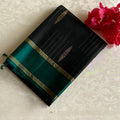 Jet Black Designer Pure Silk Saree With Teal Blue Pallu