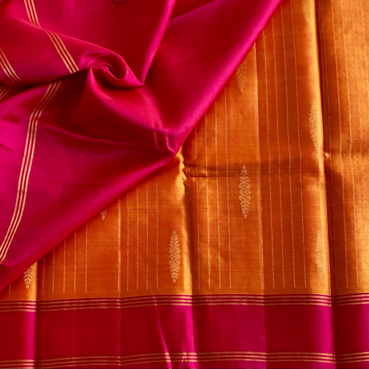 Sunset Orange & Rani Pink Designer Pure Silk With Zari Weave