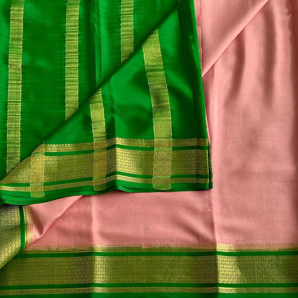 Vintage Dusty Rose with Leafy Green Designer Pure Mysore Crepe Silk