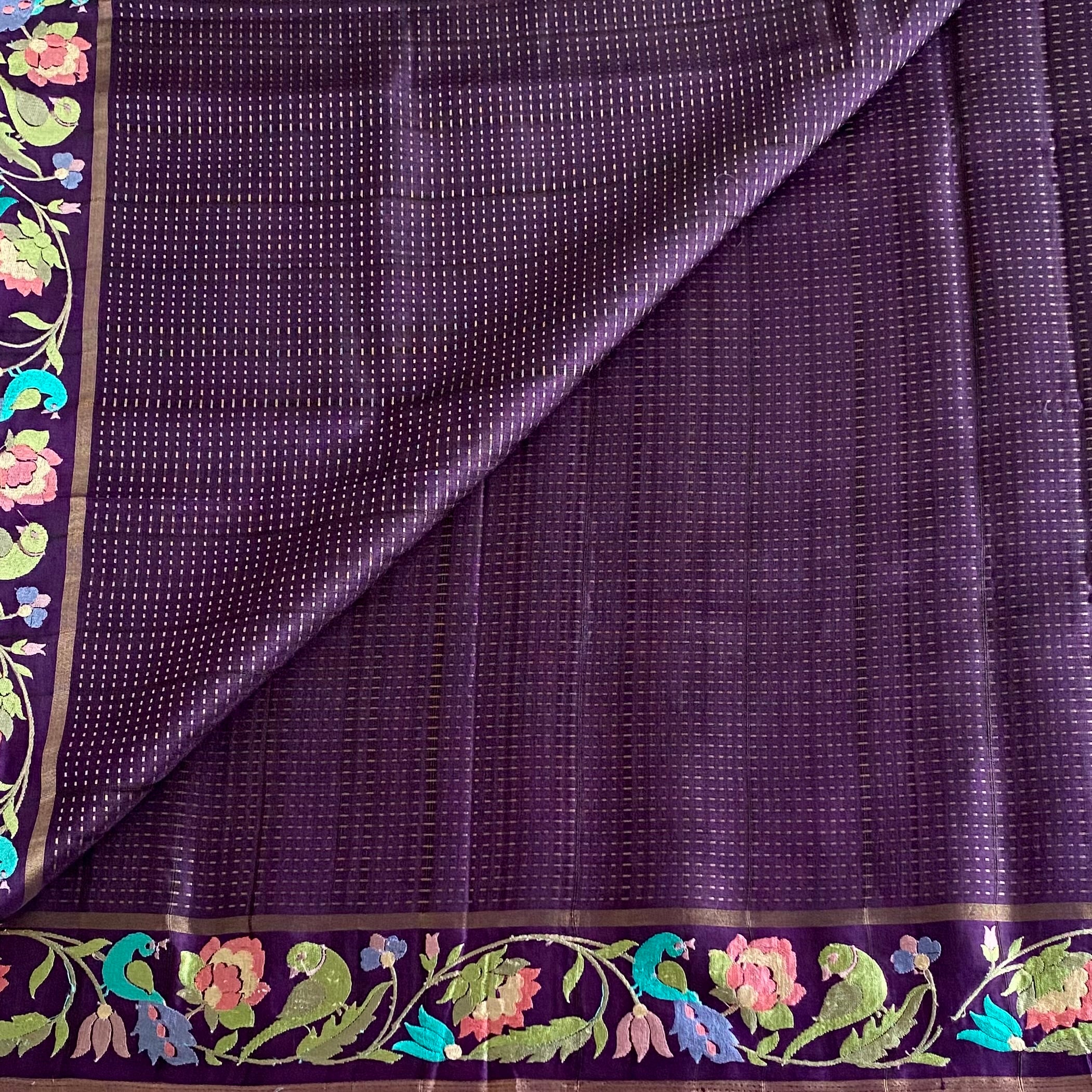 Plum Purple Tussar Silk With Designer Floral Embroidered Borders & Pallu