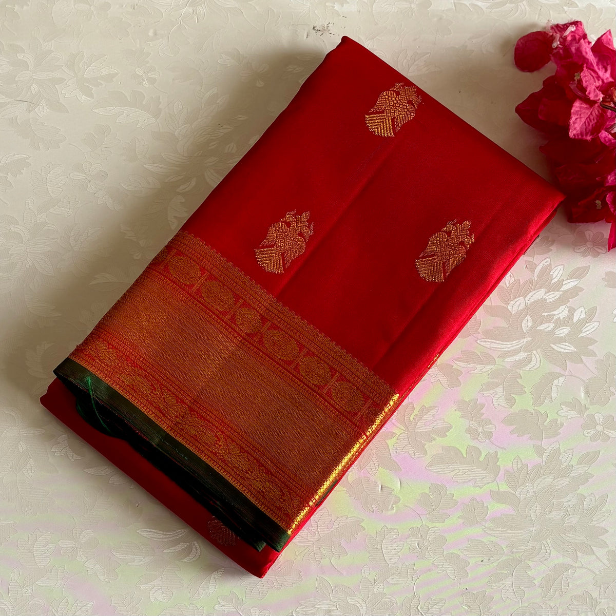 Crimson Red Kanjeevaram Pure Zari Silk Saree With Gandaberunda Zari Buttas