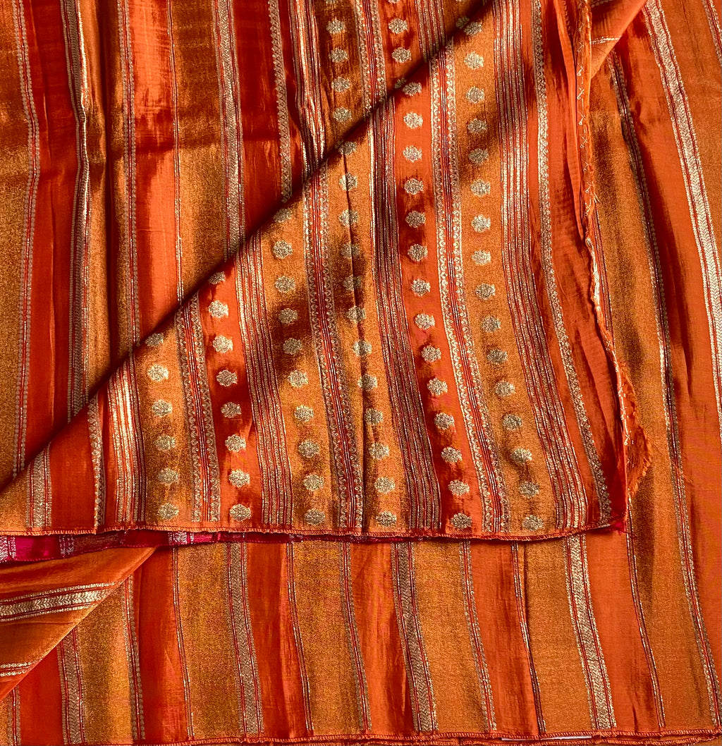 Burnt Orange soft blended Silk Saree Gold Buti Vertical Stripes designer drape Festive Traditional