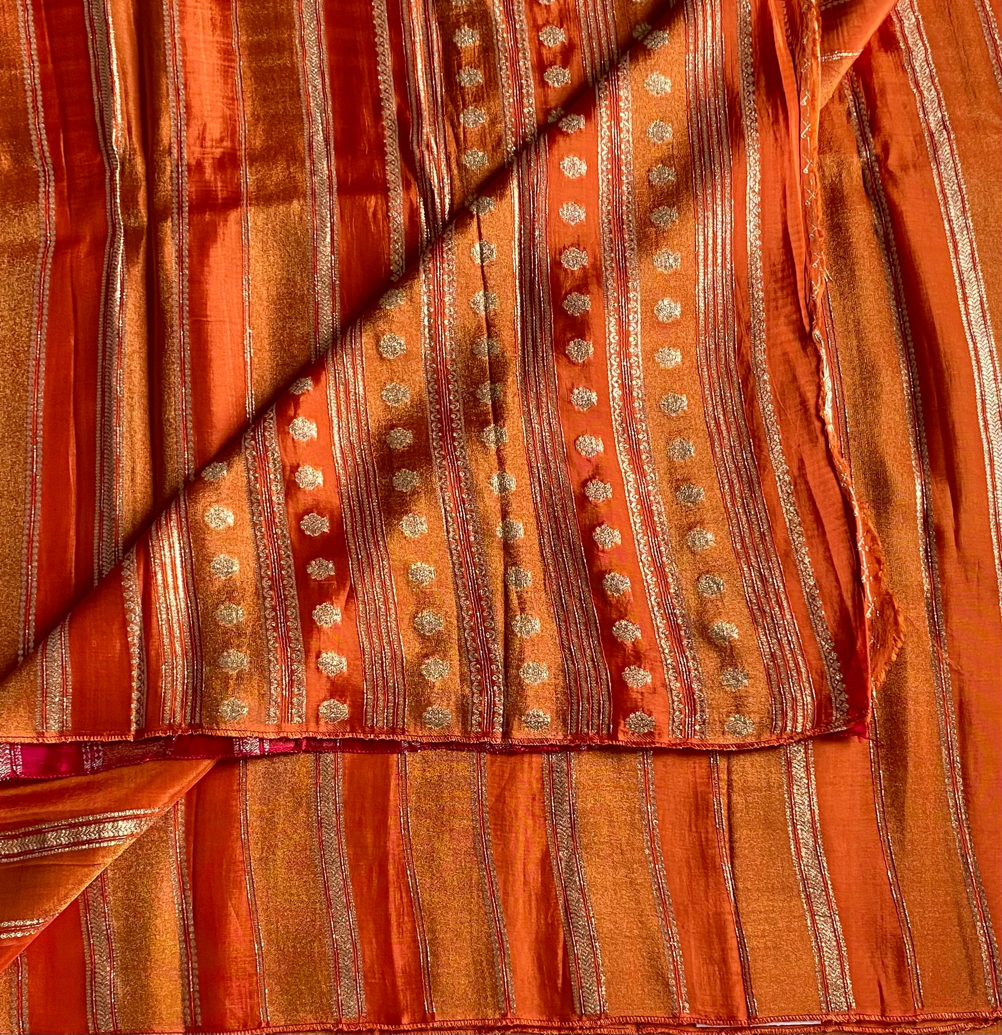 Burnt Orange soft blended Silk Saree Gold Buti Vertical Stripes designer drape Festive Traditional