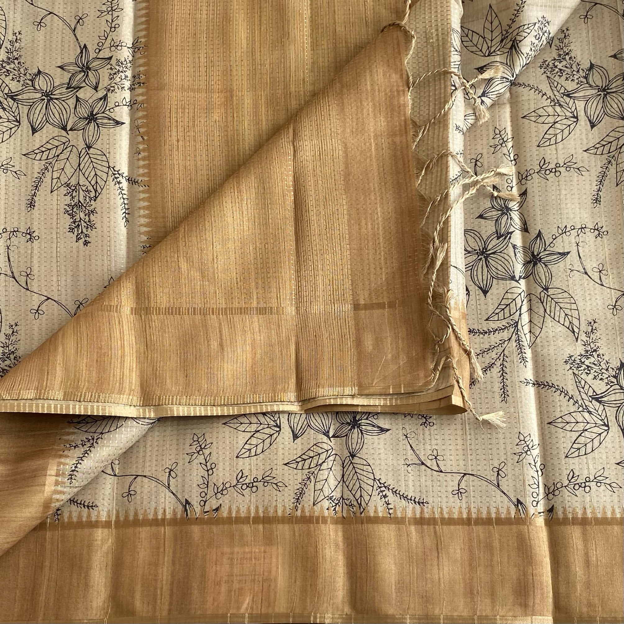 Ecru Beige Soft Tussar Silk Saree With Magical Light Gold Panel