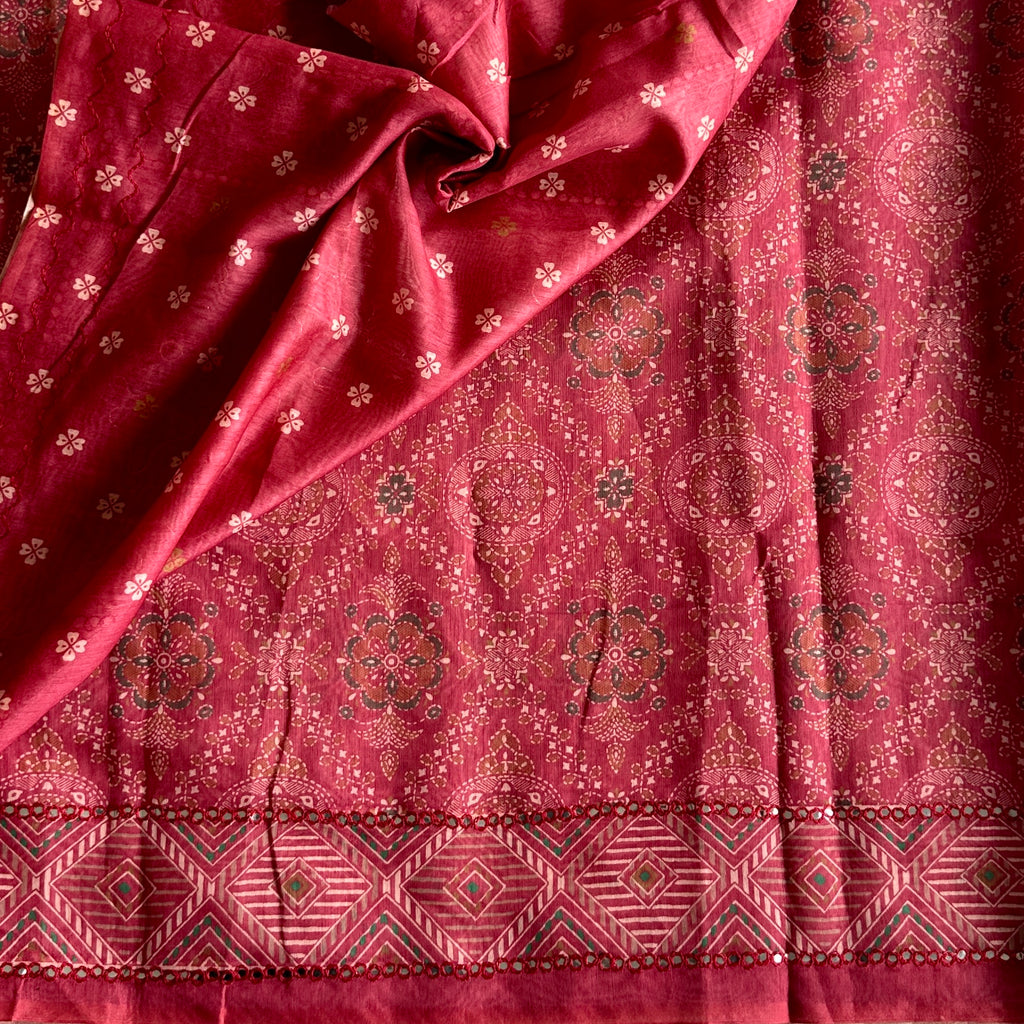 Dreamy Rustic Maroon Softest Tussar Saree With Mirrorwork Borders