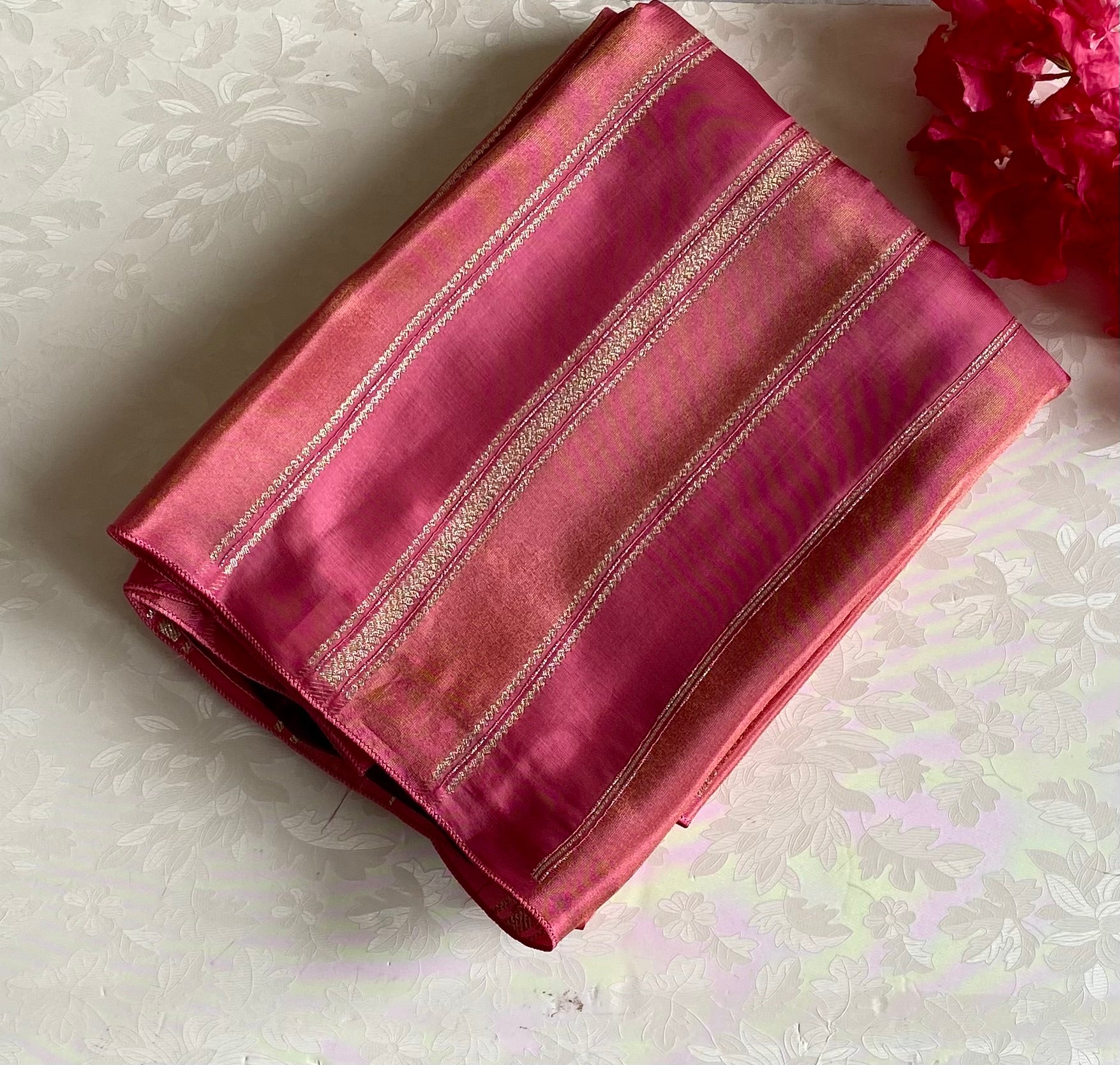 Shades of Blush Pink Soft Designer Crepe Silk with Wine Blouse