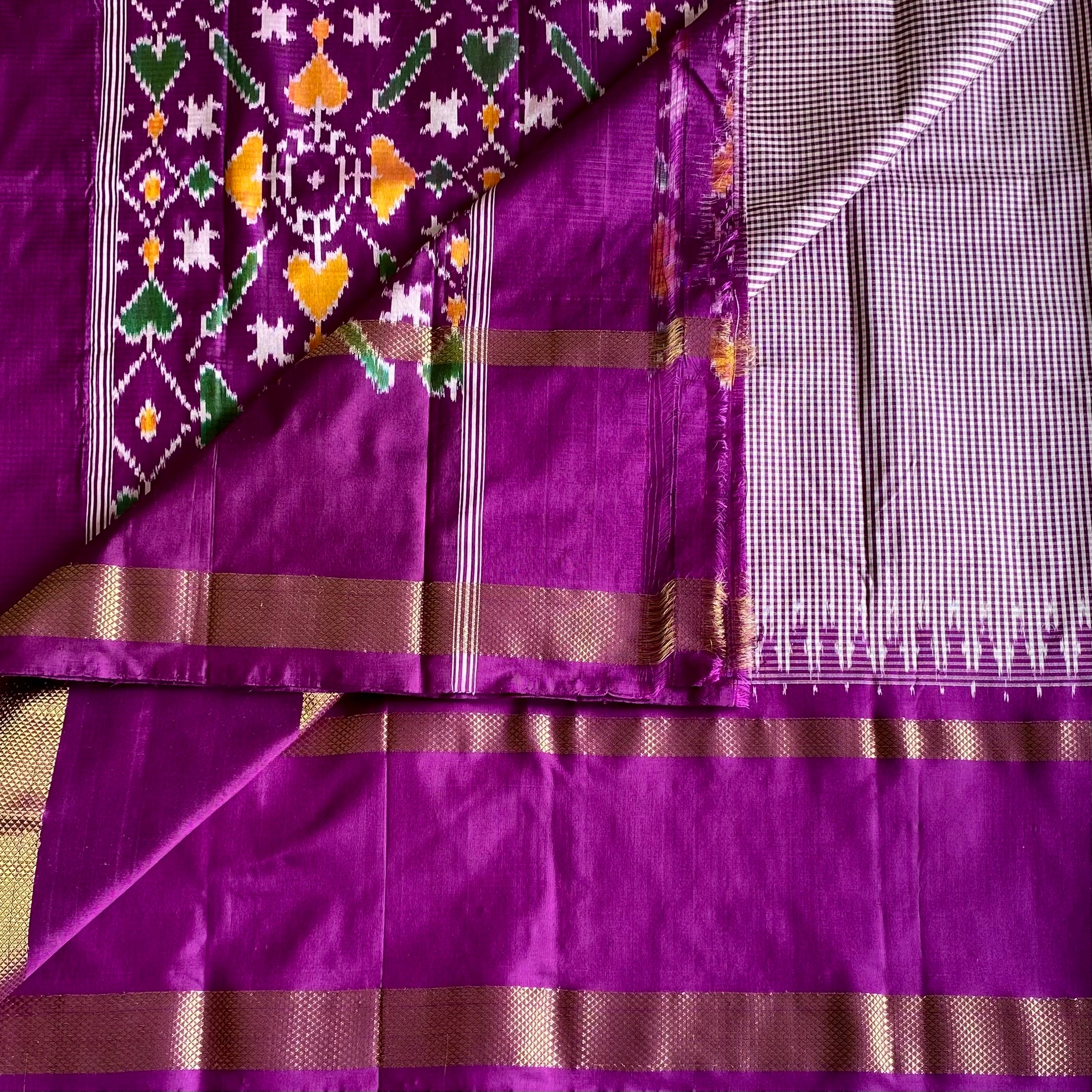Micro Checkered Purple Pure Ikkat Handloom Silk With Ikkat Woven Pallu & Blouse
