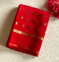 Scarlet Red soft crepe silk with Metallic Gold Motifs Striped Pallu Traditional Wearo