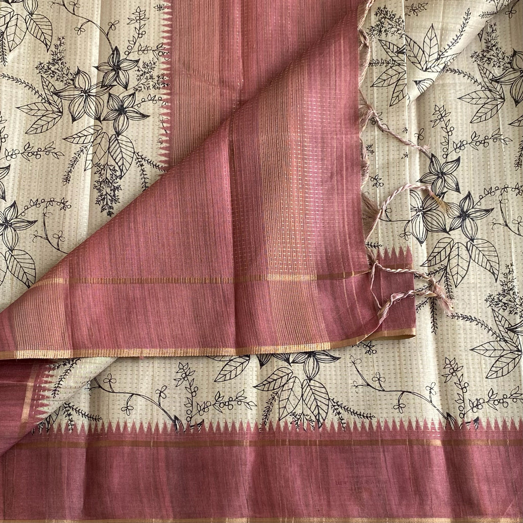 Antique Beige Soft Tussar Silk Saree With Dusty Mauve Pallu