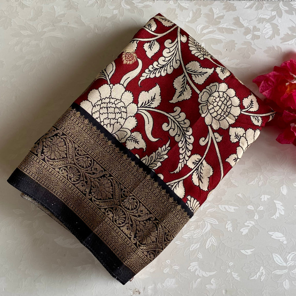 Classy Maroon With Wine Black Kalamkari Soft Tussar Silk