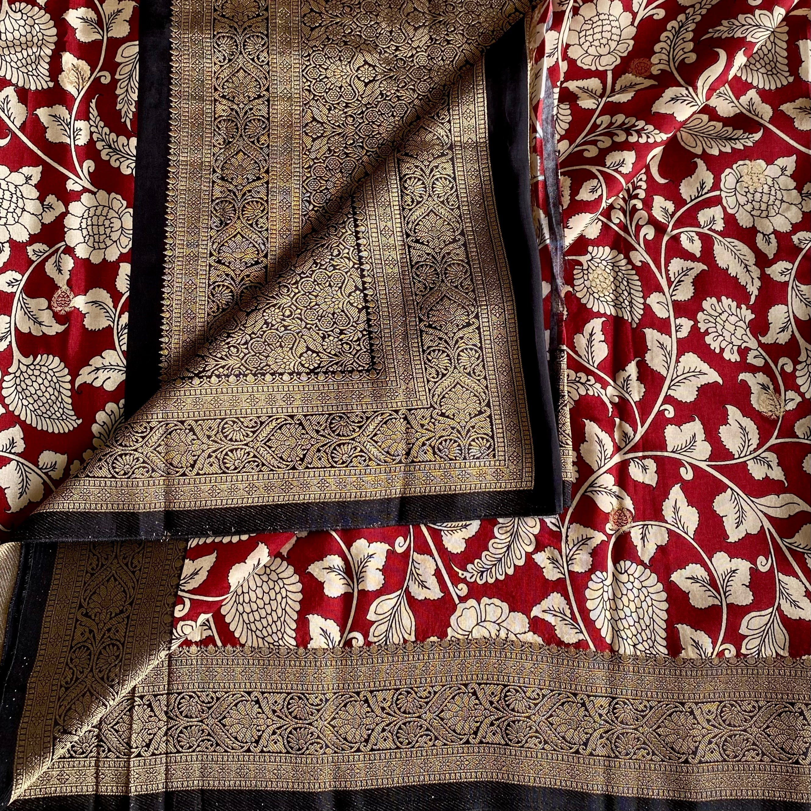 Classy Maroon With Wine Black Kalamkari Soft Tussar Silk