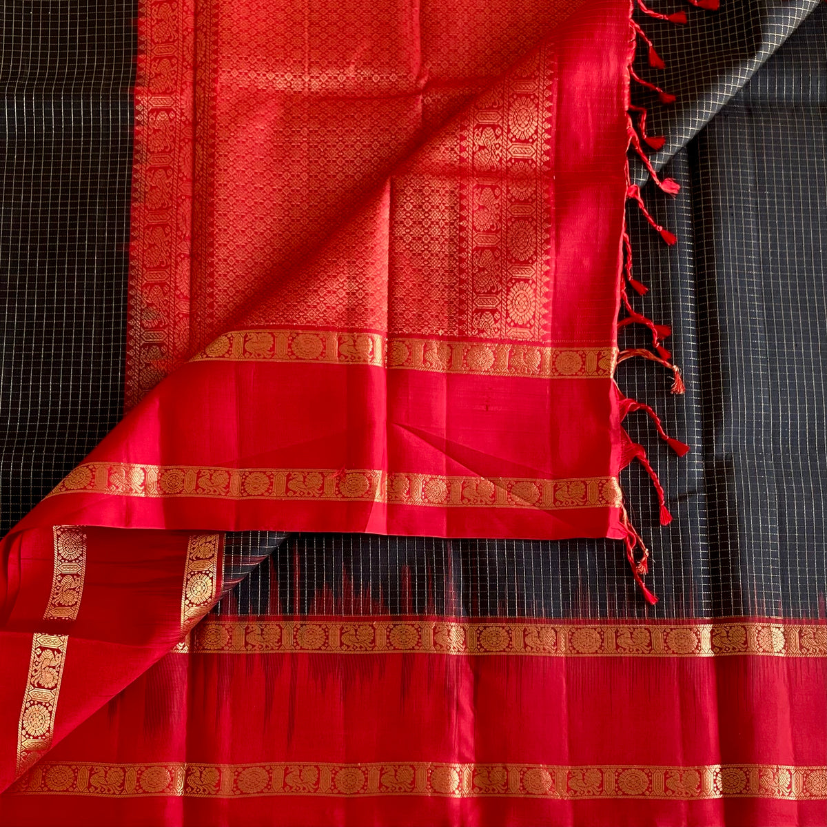 Jet Black Designer Pure Silk Saree With Crimson Red Pallu