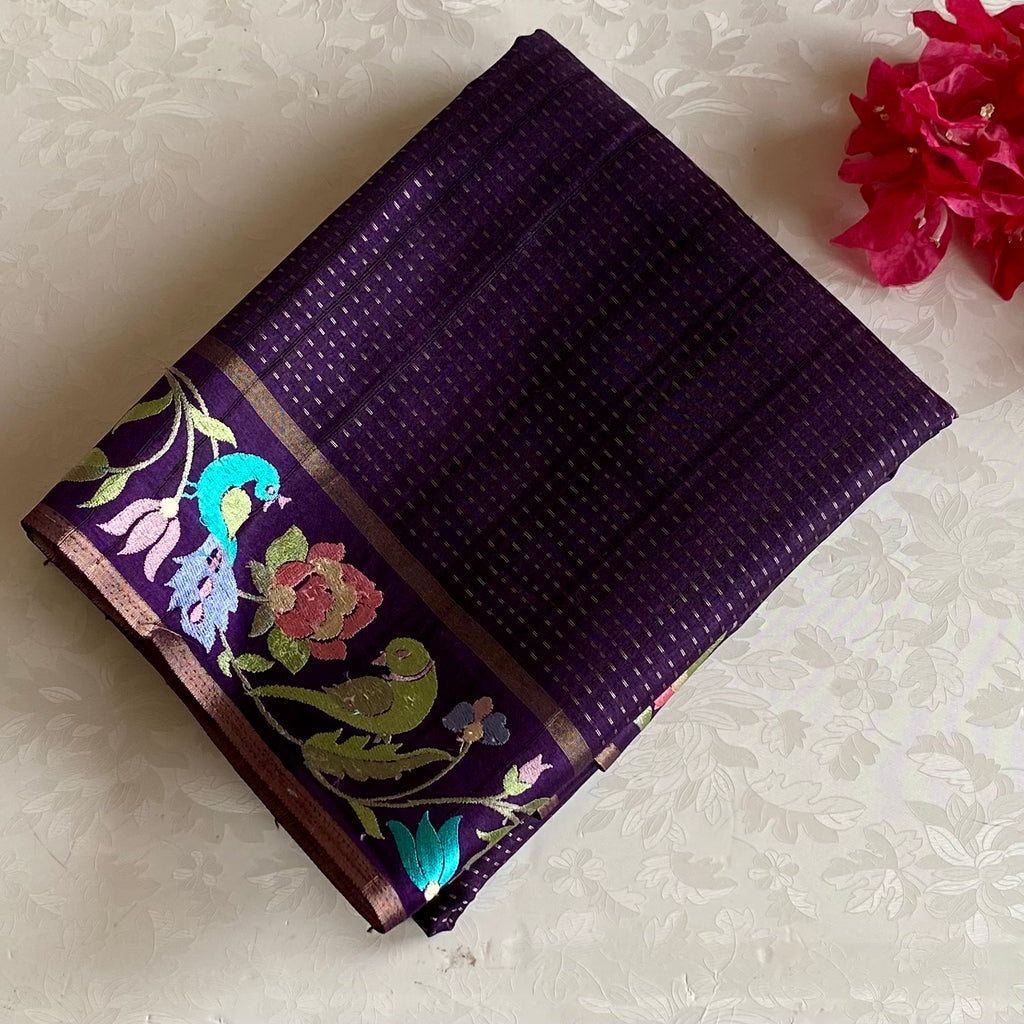 Plum Purple Tussar Silk With Designer Floral Embroidered Borders & Pallu