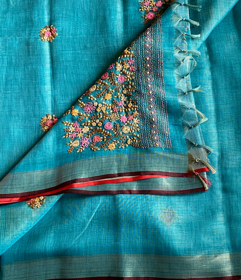 Teal French Knot Embroidered Soft Linen With Gold Zari Border & Hand Embroidered Pallu