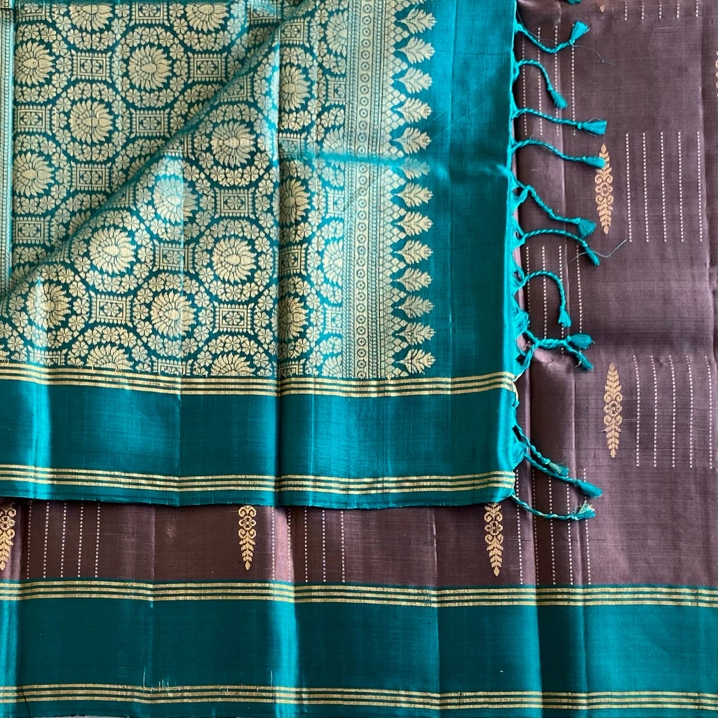 Greyish Mauve With Teal Designer Pure Silk Saree With Zari Pallu
