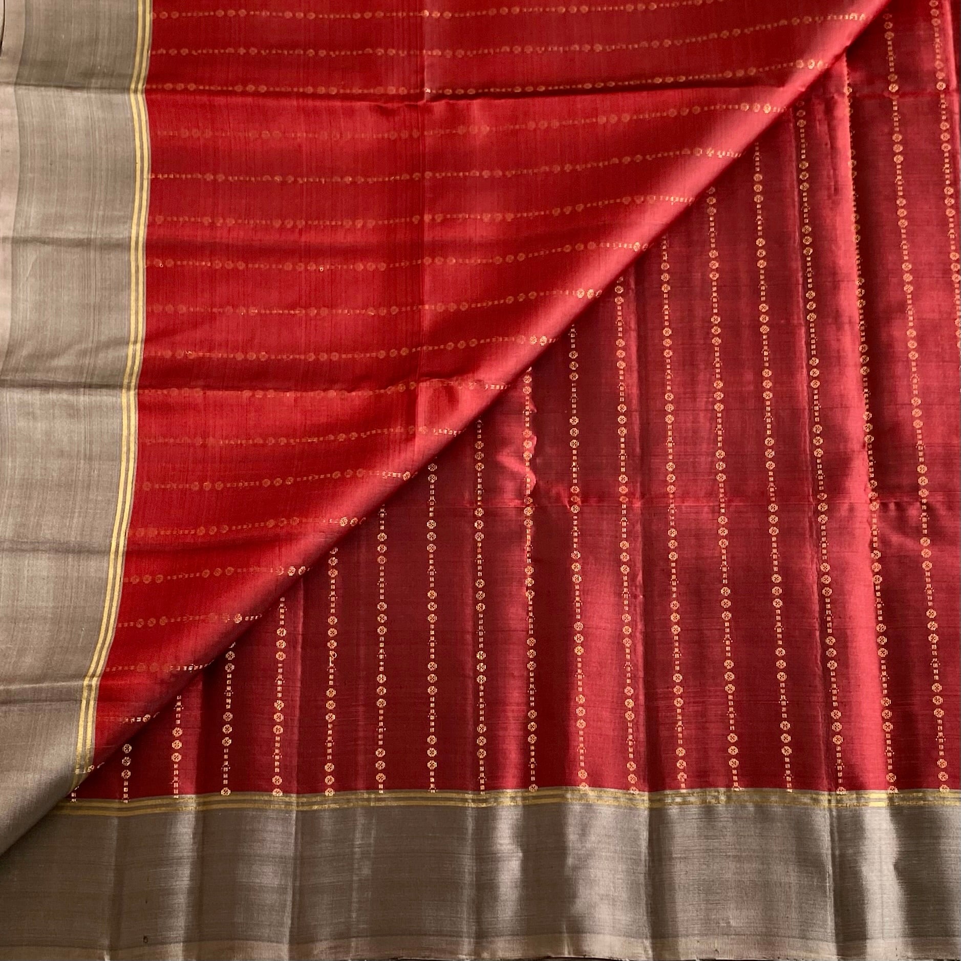Deep Maroon Designer Pure Silk With Smokey Taupe Pallu