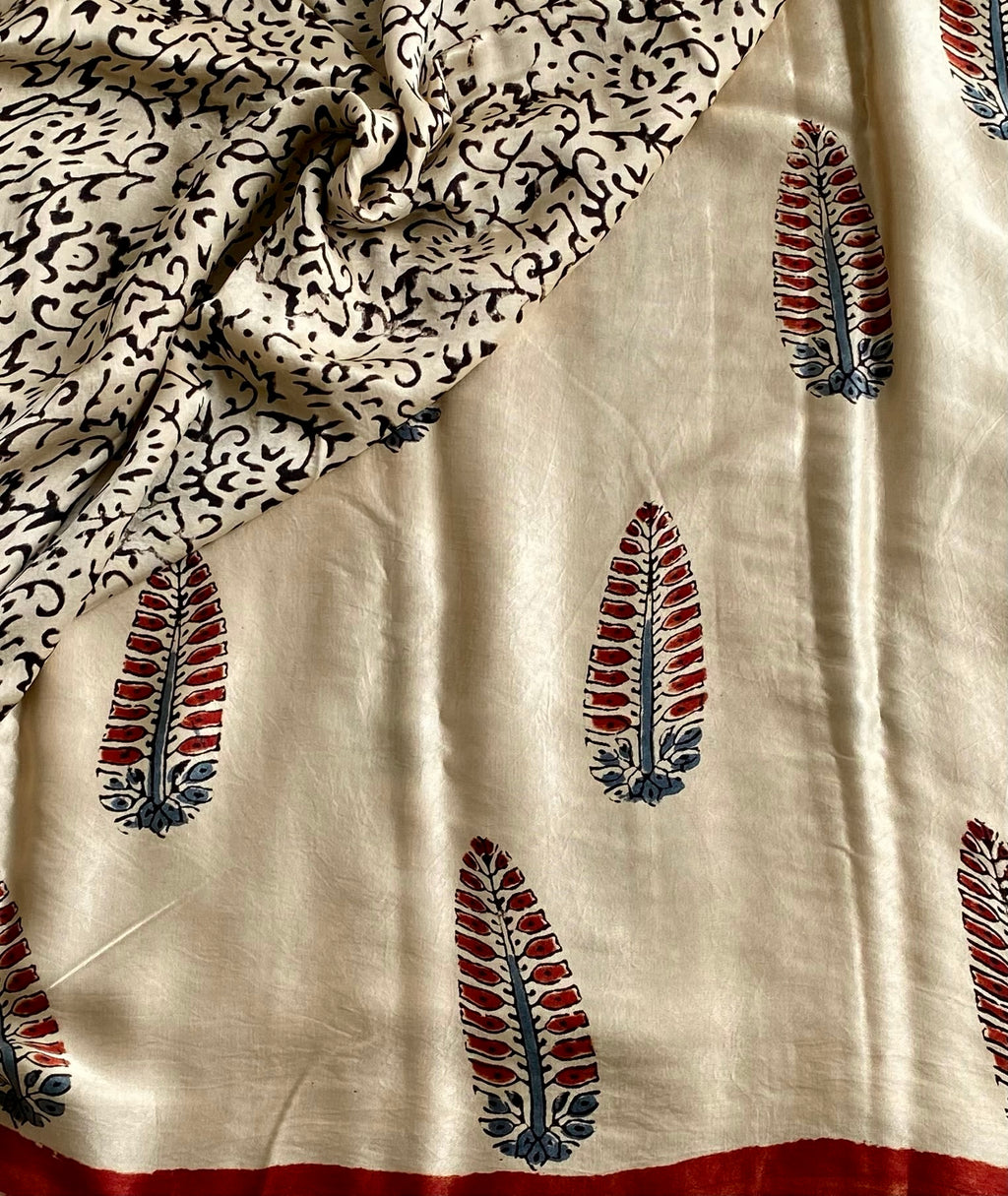 Champagne Beige Ajrakh Handblock Printed Silk Saree With Brick Red Border