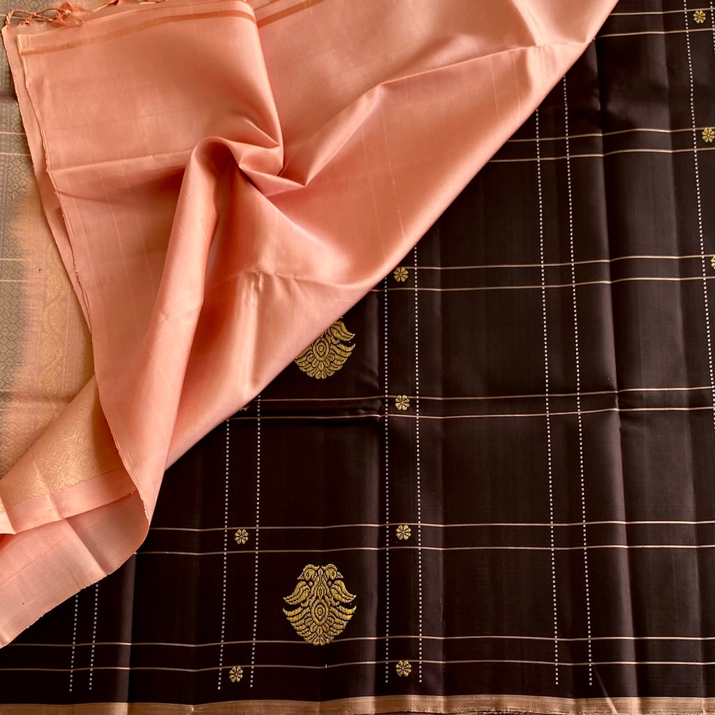 Chocolate Brown Checkered Designer Pure Silk Saree With Blush Peach Pallu