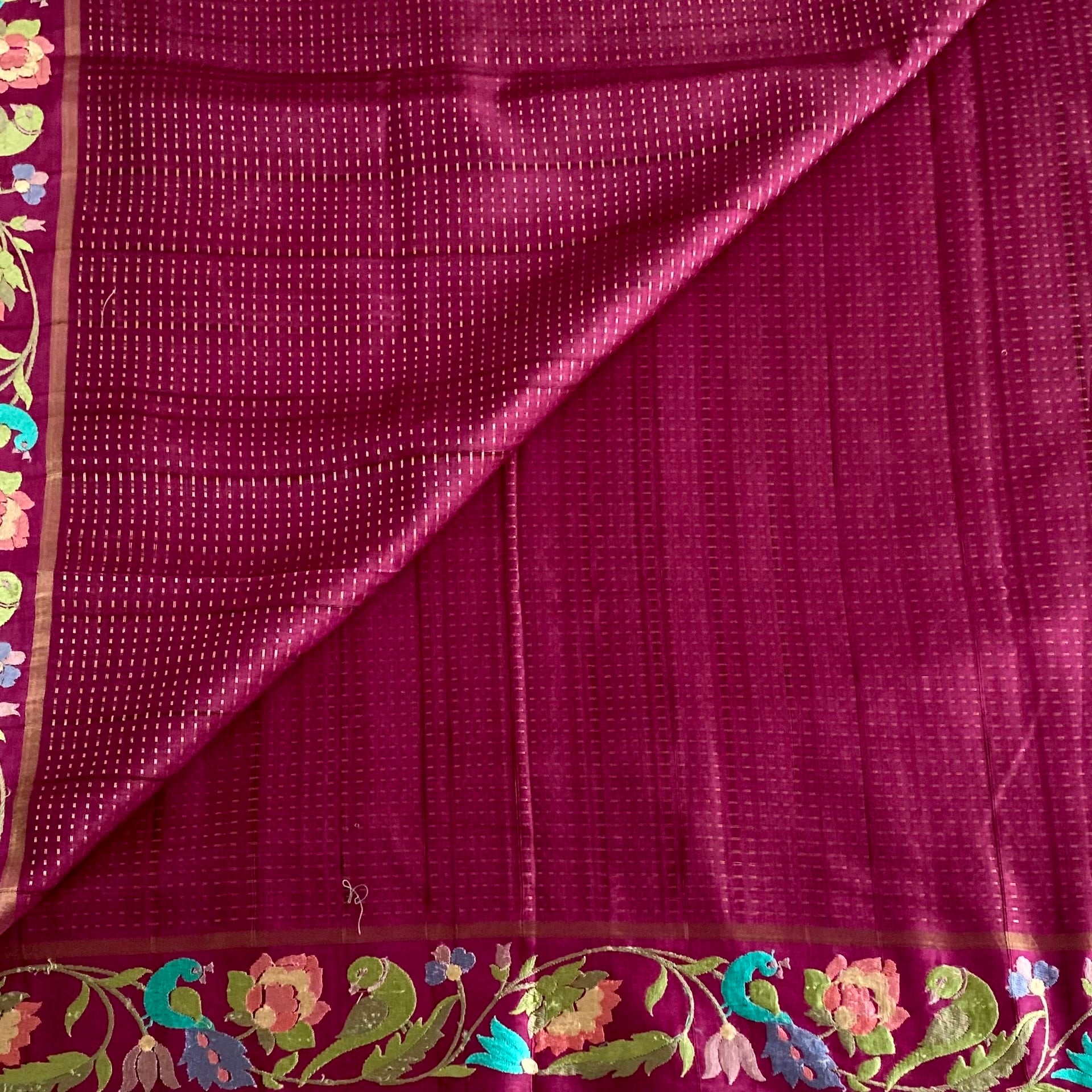 Wine Magenta Silk With Designer Floral Embroidered Borders & Pallu
