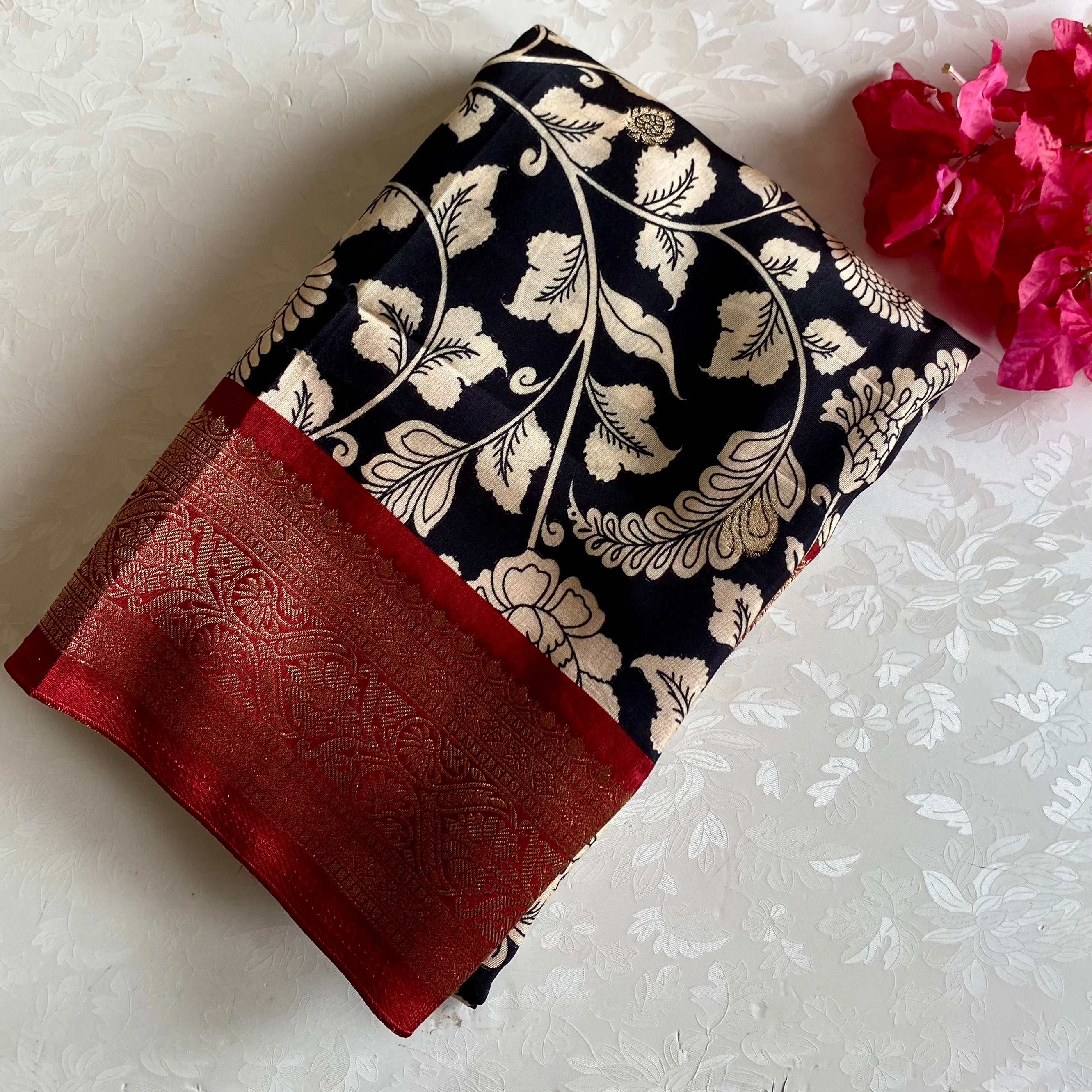 Midnight Black Soft Tussar Silk Saree With Deep Maroon Pallu