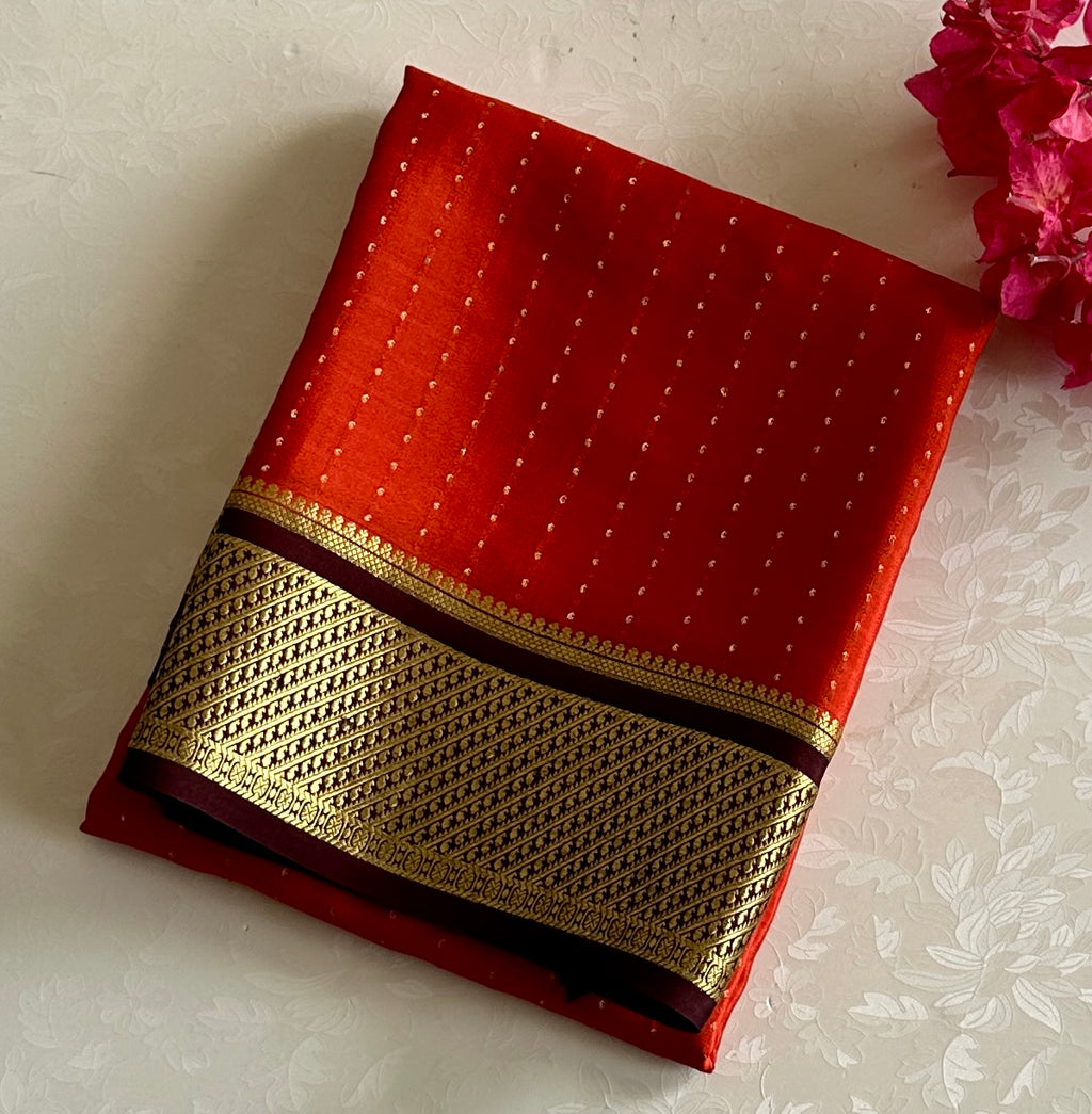 Burnt Orange With Wine Pure Mysore Silk with zari buttas