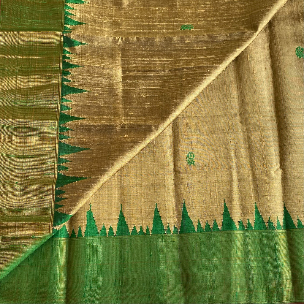 Stunner Antique Gold With Lustrous Green Handwoven Pure Raw Silk