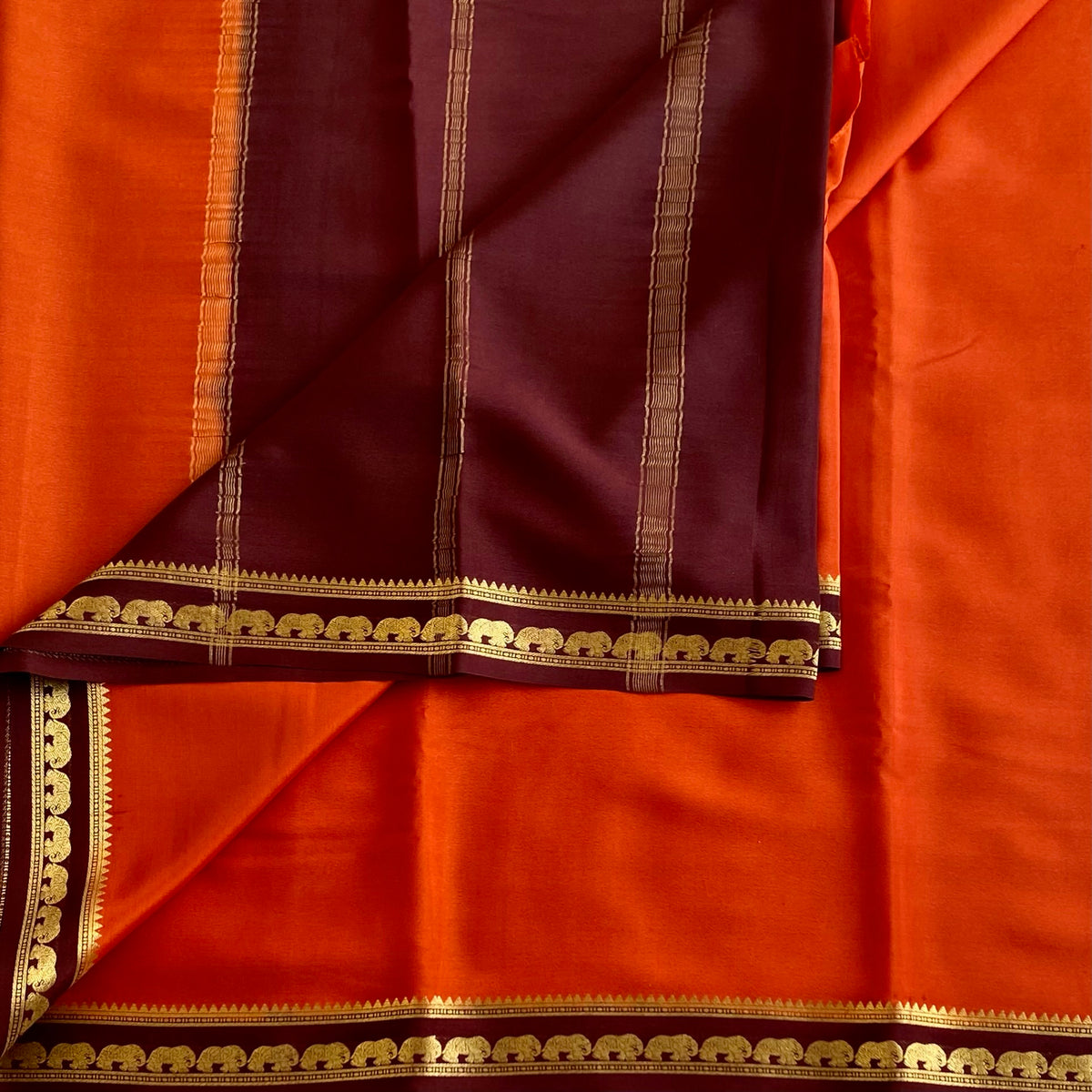 Classic Rust Orange Mysore Crepe Silk Saree With Wine Contrast