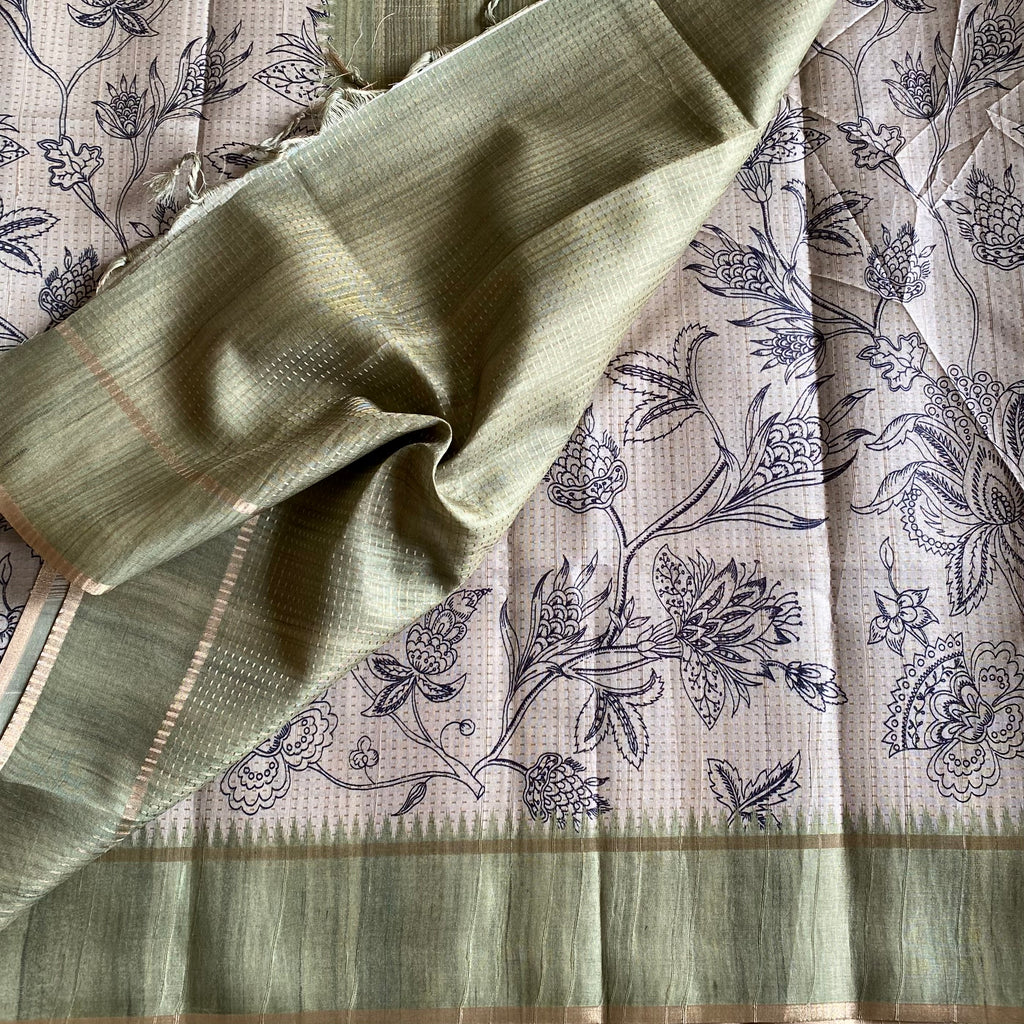 Classic Tussar Beige With Pastel Olive With Designer Zari weave