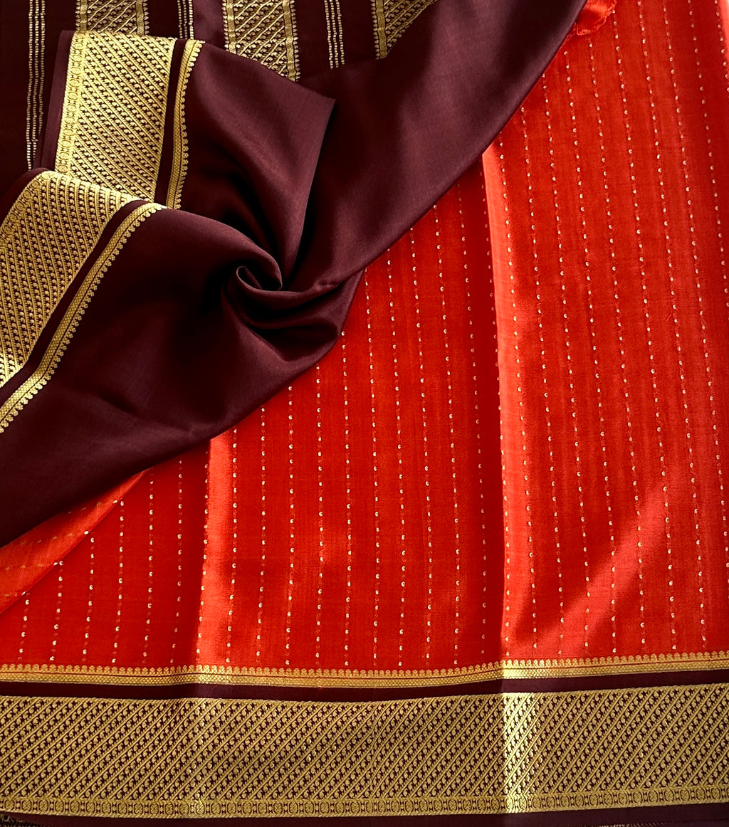 Burnt Orange With Wine Pure Mysore Silk with zari buttas
