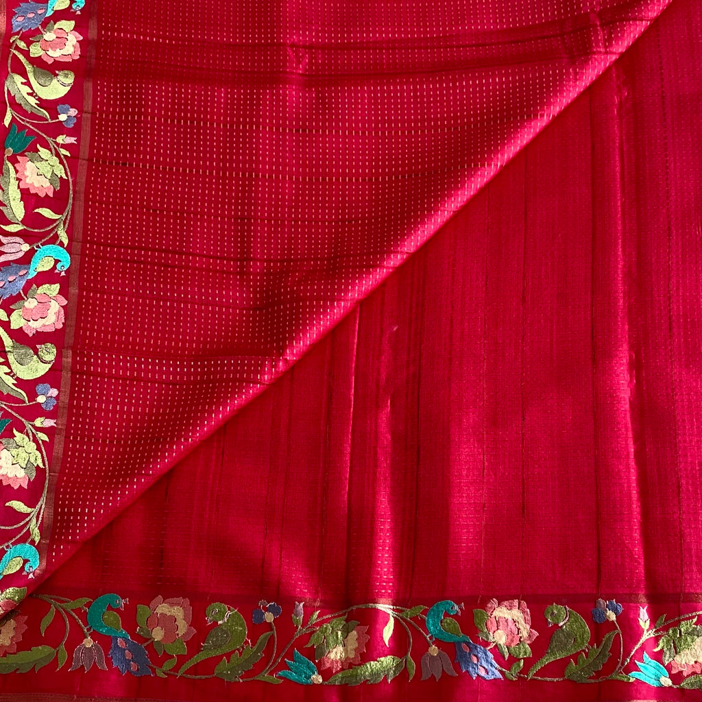 Rani Pink Soft Tussar Silk Saree With Teal Blue Border Embroidery